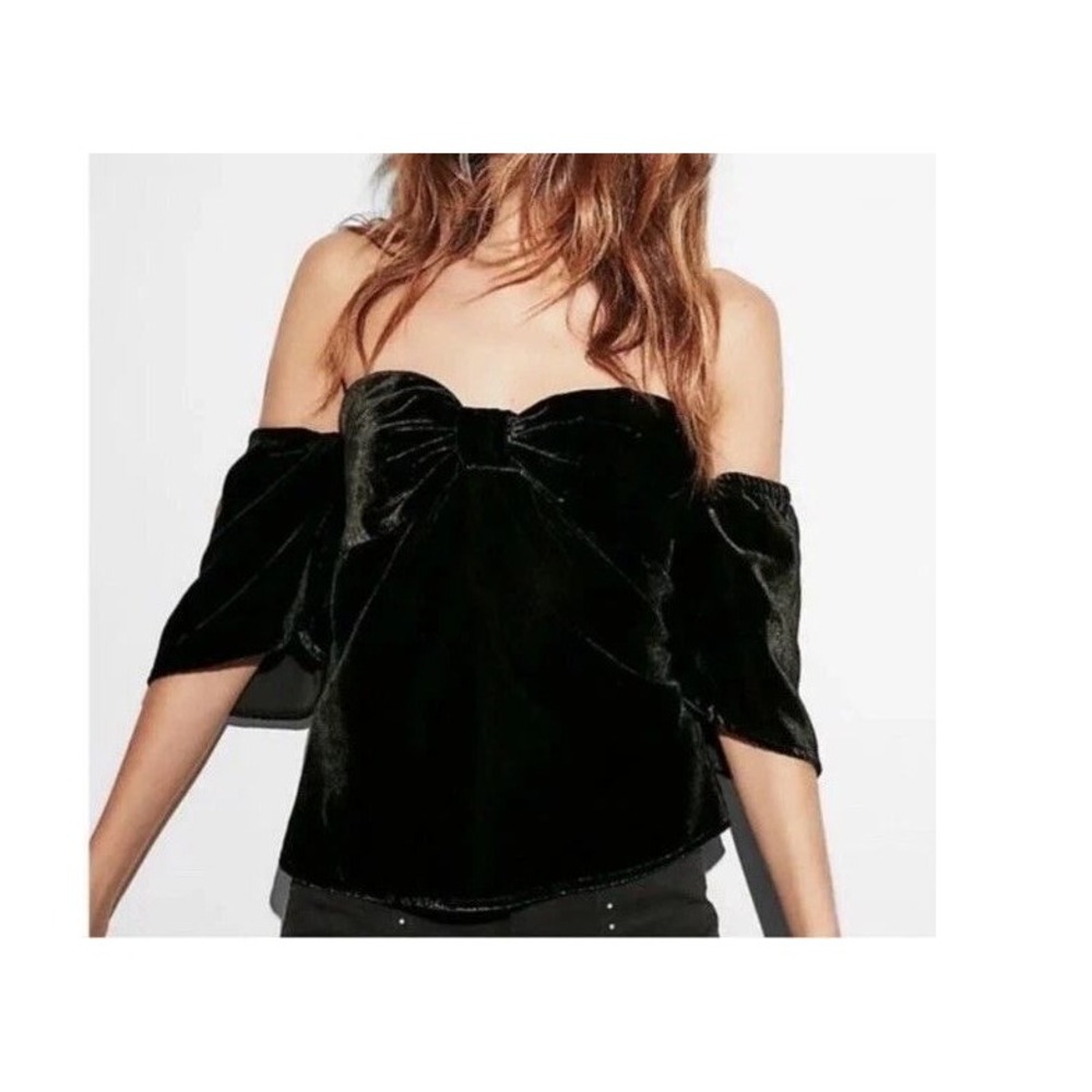 Express Black Velvet Off The Shoulder Bow Top Romantic Coquette Whimsigoth‎ 2